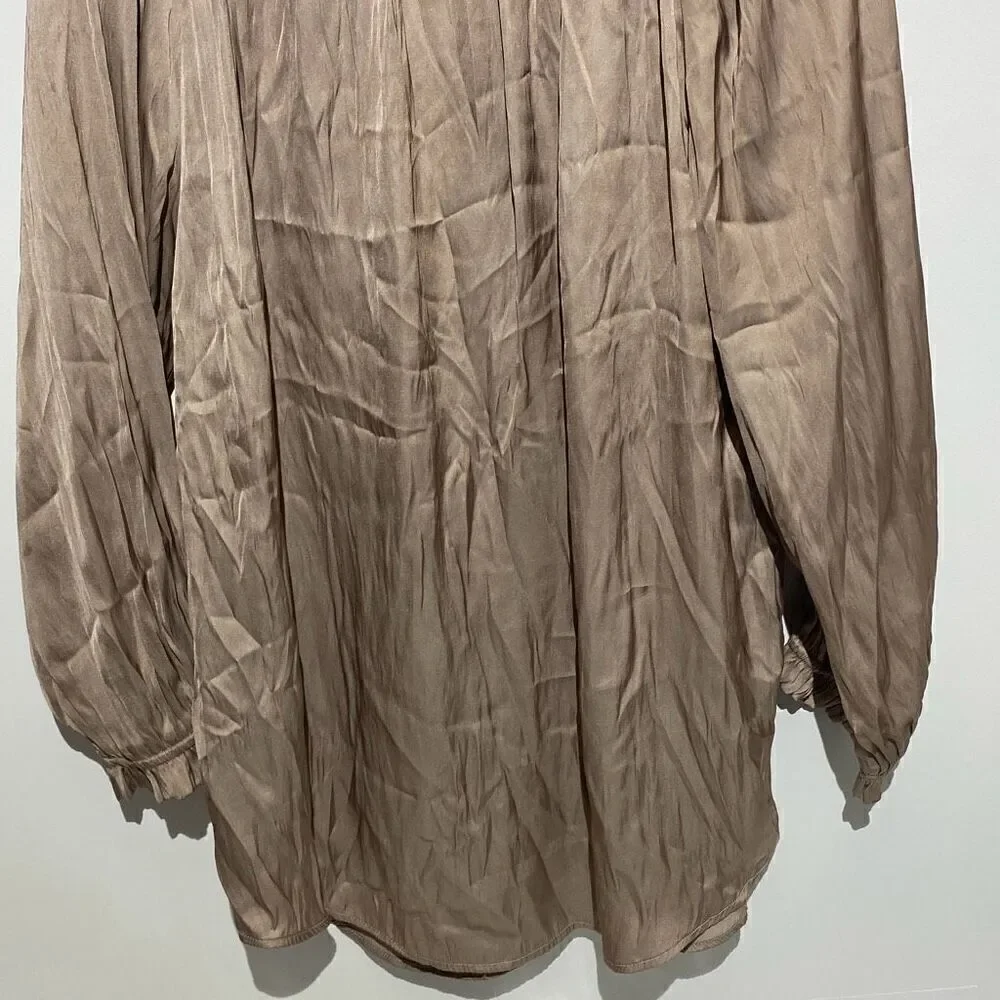 Carmen Marc Valvo Women's Taupe Tan Ruffles Neck Tie Satin Blouse Top Large‎ - Picture 6 of 8